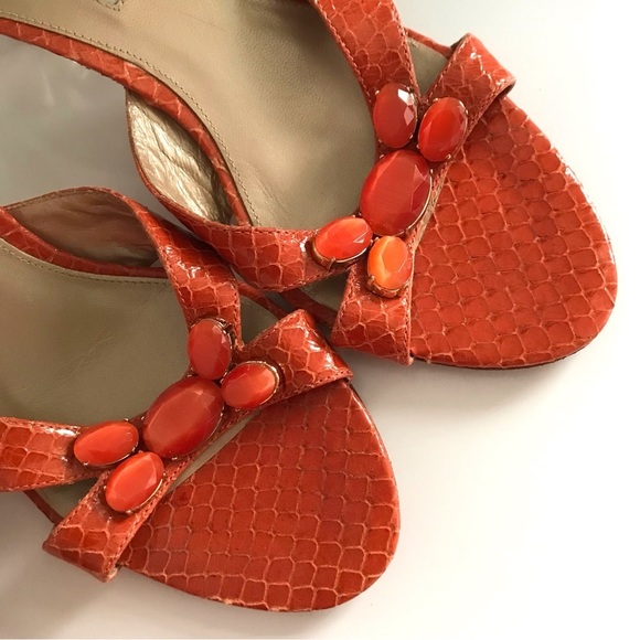 VIA SPIGA Women's Orange  Leather Slip On Heeled Sandals Crystal Embedded Sz 7 - Picture 5 of 15